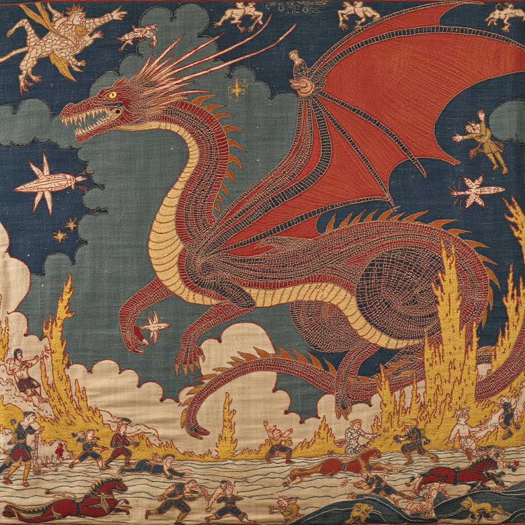 A huge dragon rampaging through Alien Space Fleet,  burning spaceships,  destruction on Tensor.Art