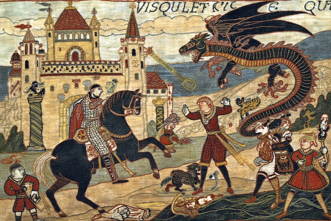 A knightly horseman rides towards a medieval castle,  its stone walls topped with a fierce dragon,  scales glinting in sun...