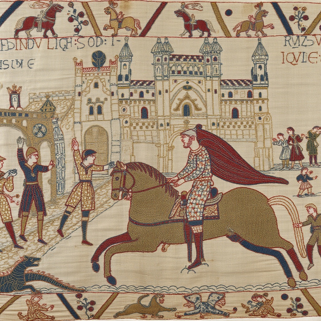A knightly horseman carries the princess on his horse,  leaving the ruined medieval castle behind after slaying dragon dea...