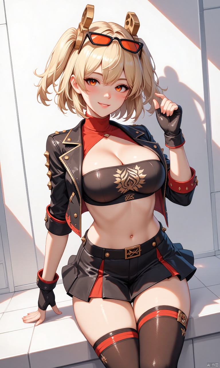 digital anime-style,unity 8k wallpaper,(illustration:1),1girl,solo,nail,seductive pose,blush,smile, 
tj_burnice,orange eyes,blonde hair,short hair,two side up,hair ornament,eyewear on head,black jacket,cropped jacket,long sleeves,fingerless gloves,black tube top,red turtleneck,cleavage,midriff,belt,black skirt,black thighhighs,red thigh strap,