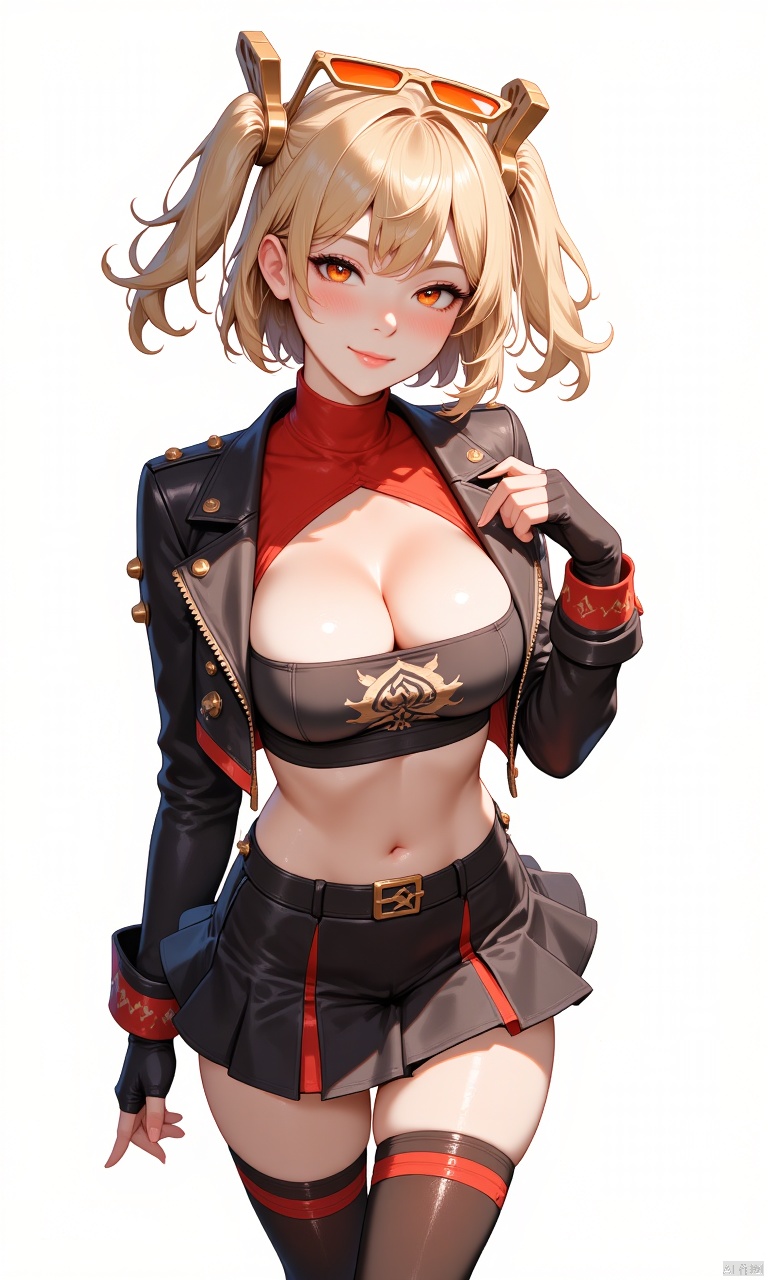 digital anime-style,unity 8k wallpaper,(illustration:1),1girl,solo,nail,seductive pose,blush,smile, 
tj_burnice,orange eyes,blonde hair,short hair,two side up,hair ornament,eyewear on head,black jacket,cropped jacket,long sleeves,fingerless gloves,black tube top,red turtleneck,cleavage,midriff,belt,black skirt,black thighhighs,red thigh strap,