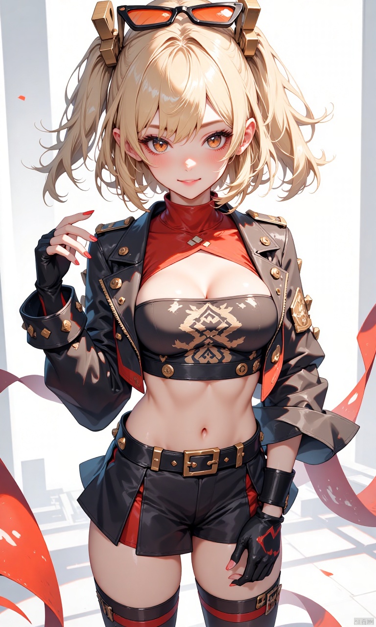 digital anime-style,unity 8k wallpaper,(illustration:1),1girl,solo,nail,seductive pose,blush,smile, 
tj_burnice,orange eyes,blonde hair,short hair,two side up,hair ornament,eyewear on head,black jacket,cropped jacket,long sleeves,fingerless gloves,black tube top,red turtleneck,cleavage,midriff,belt,black skirt,black thighhighs,red thigh strap,