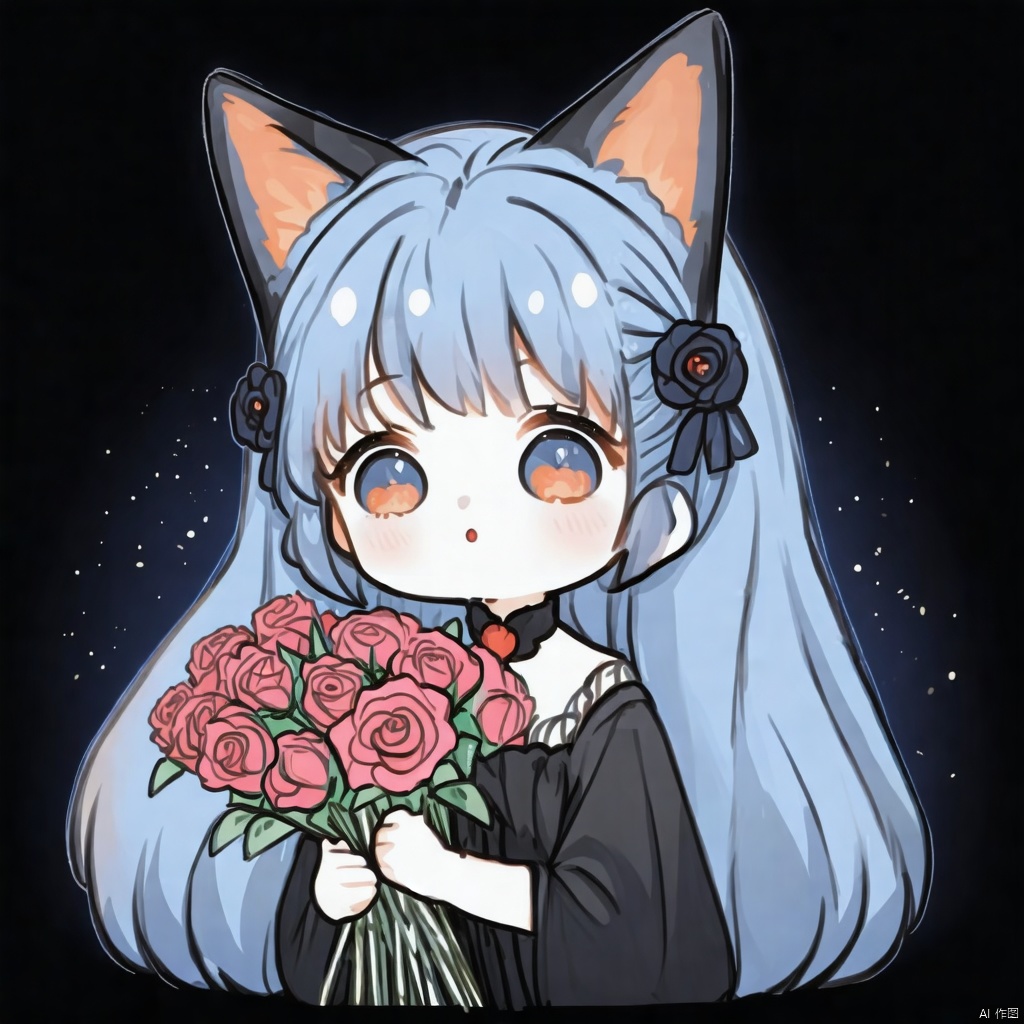 A cartoon drawing of a fox girl with long blue hair and a black dress. The fox girl is holding a bouquet of pink roses. The overall style of the image is dark, cartoon drawing,girl
