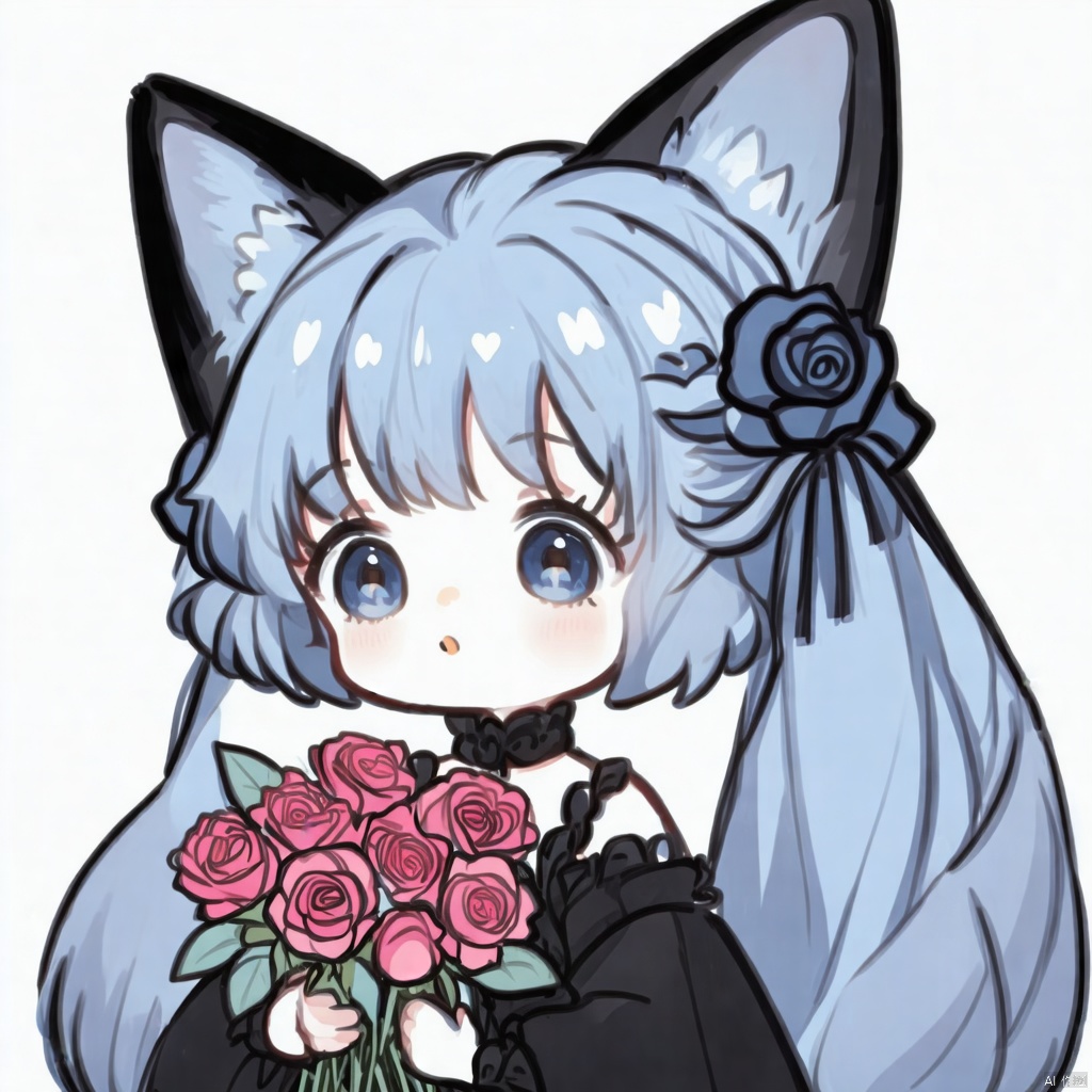 A cartoon drawing of a fox girl with long blue hair and a black dress. The fox girl is holding a bouquet of pink roses. The overall style of the image is dark, cartoon drawing,girl
