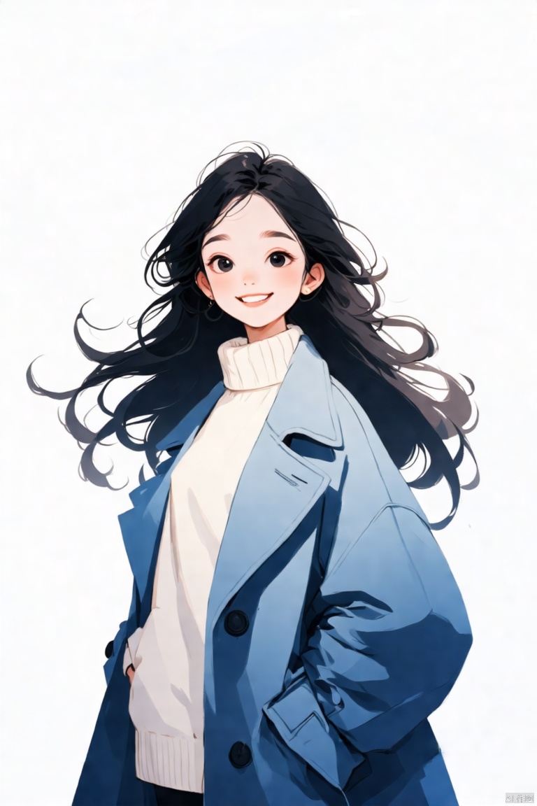 Against a soft, cream-colored backdrop, a young girl with luscious long hair stands out in stunning detail. Her flowing locks appear to be defying gravity as she wears a crisp white sweater and a stylish blue overcoat that drapes elegantly across her upper body. A radiant smile illuminates her delicate facial features, drawing the viewer's attention. The overall atmosphere is serene, with a subtle bloom of cheer emanating from the scene. Rendered in exceptional 16k high-resolution quality, every detail shines with great workmanship.
