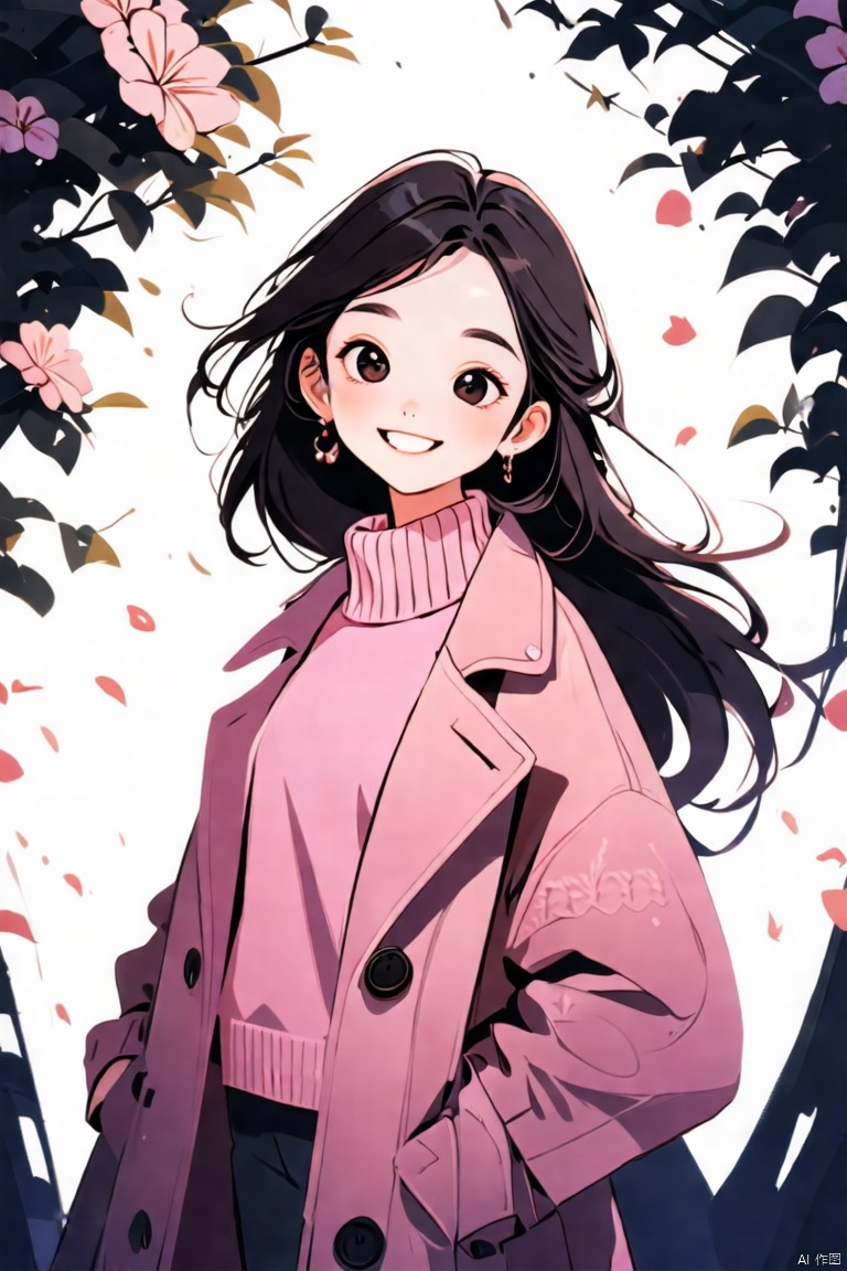 1girl,long hair,pink sweater,red overcoat,smile,delicate facial features,bloom cheer,best quality,great work,extreme details,16k,highres,