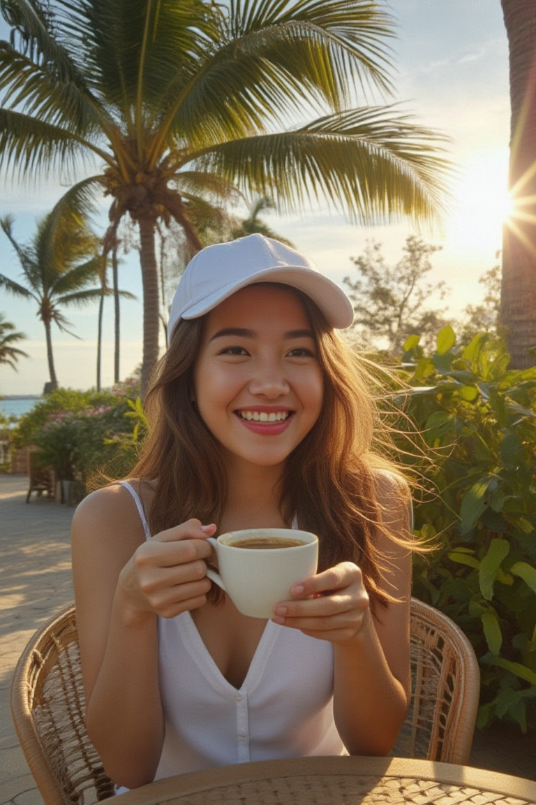 Close-up shot of a beaming young woman lit by a spot light,  dressed in crisp white attire and a matching white cap,  her...