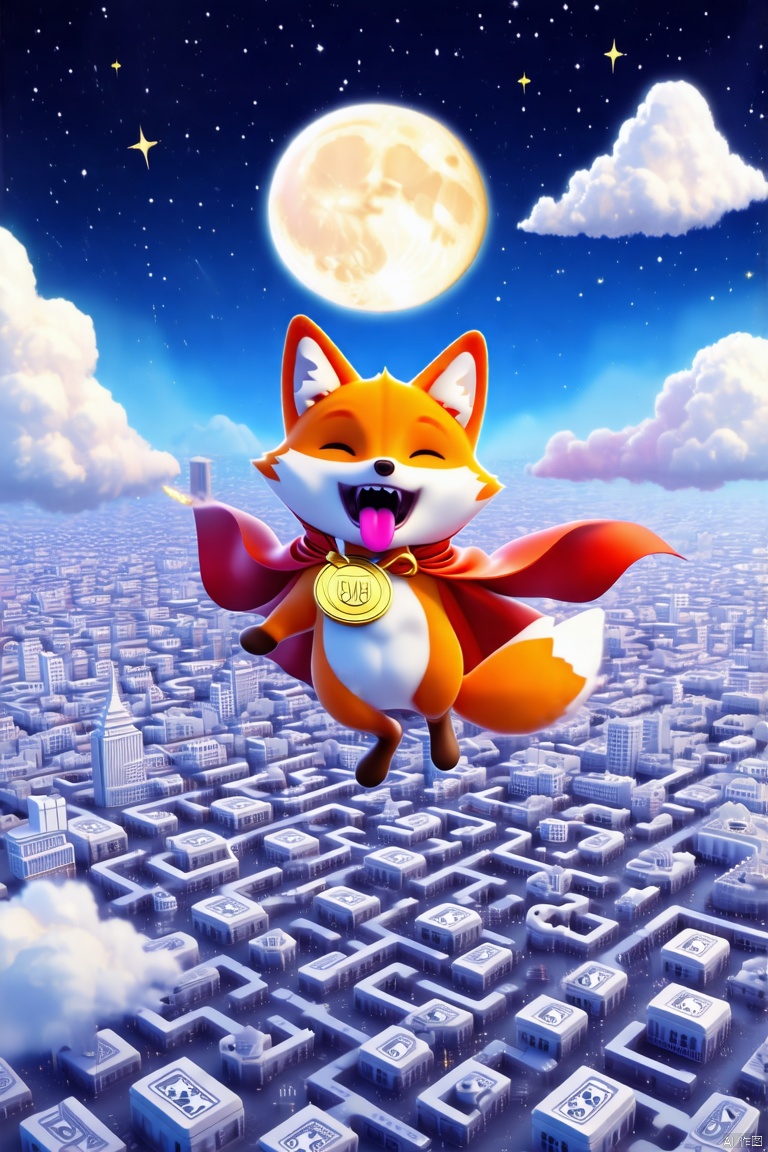 A vibrant orange-and-white fox soars through the air with a red cape and a gold medal around its neck. The fox's mouth is open, showing a pink tongue. Its ears prick up, adding a touch of color to the scene. The city below is full of Monopoly mazes, forming a background of white clouds. Night, moon, stars.