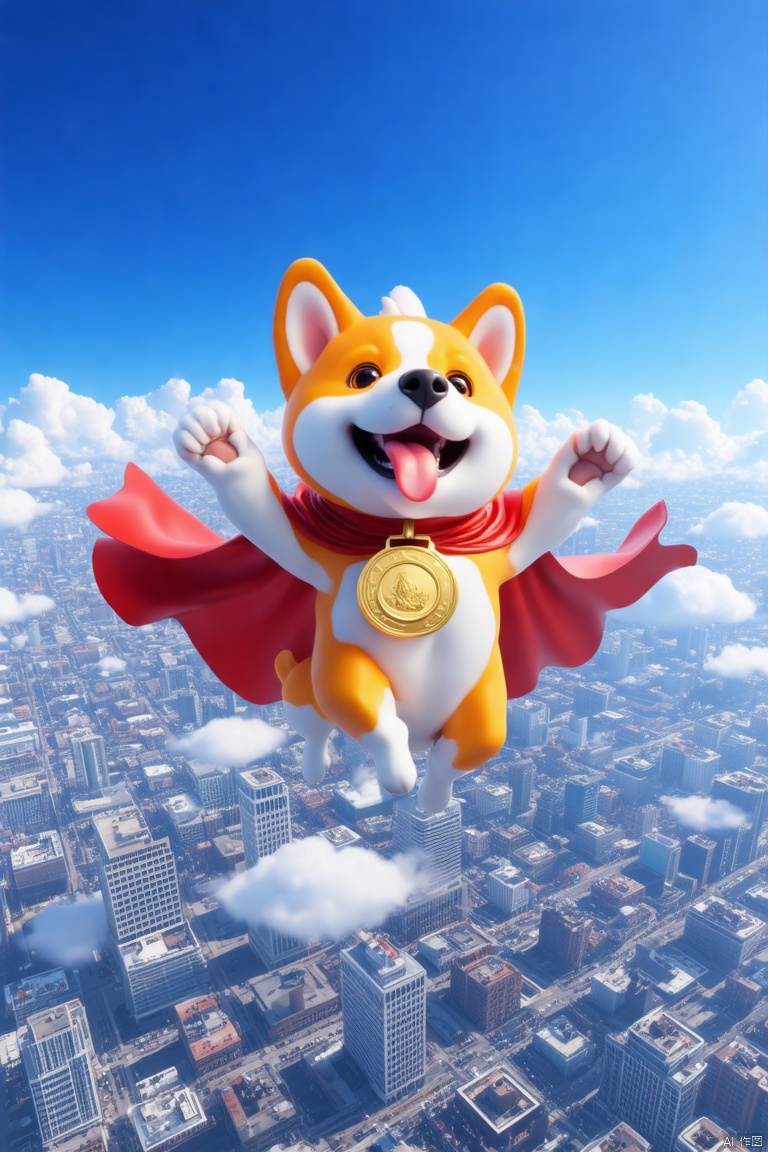 A vibrant orange-and-white dog soars through the air, wearing a red cape and a gold medal around his neck. The dog's mouth is open, revealing a pink tongue. Its ears prick up, adding a touch of color to the scene. The city below is full of skyscrapers, forming a background of white clouds. The sky was a deep blue, dotted with wisps of cloud.