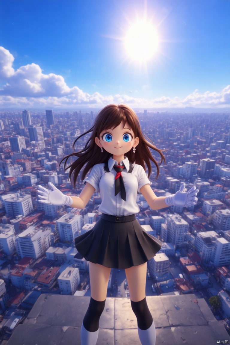 a cartoon girl with long brown hair and blue eyes stands in front of a cityscape. She is dressed in a white blouse with a black and red tie around her neck. Her outfit is adorned with white gloves and black socks. Her hands are outstretched, adding a touch of contrast to her outfit. The background is blurred, revealing the cityscape behind her. The sun is setting, casting a warm glow over the scene.