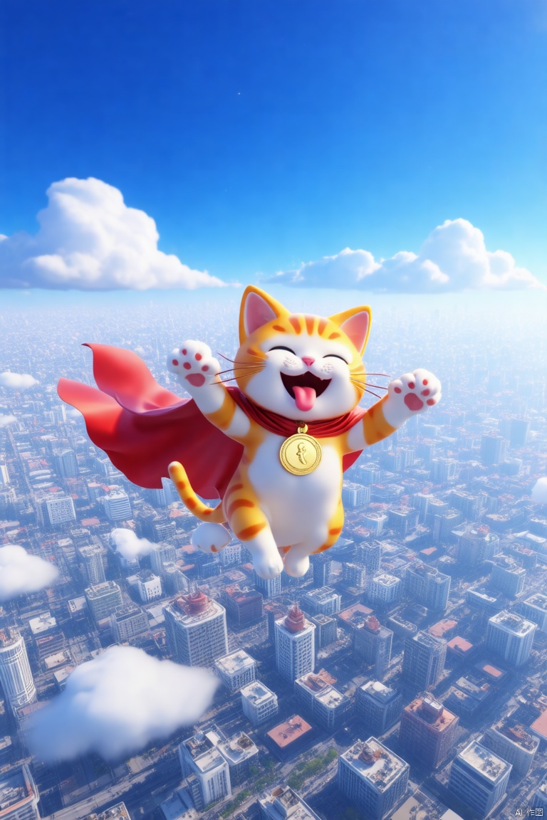 a vibrant orange and white cat is soaring through the air, adorned with a red cape and a gold medal around its neck. The cat's mouth is open, revealing a pink tongue. Its ears are perked up, adding a pop of color to the scene. The city below is filled with skyscrapers, creating a backdrop of white clouds. The sky is a deep blue, dotted with a few wispy clouds.