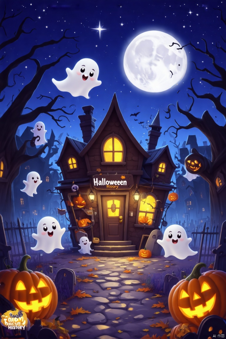 Captured at eye-level, a cartoon depiction of a halloween scene features a small brown house with a pointed roof adorned with Halloween decorations. The house is adorned with a sign that reads "Halloween history" in white lettering. The front door of the house is lit up with a yellow light, and there is a window on the front door. There are three white ghosts on the left and right side of the building, and a white ghost on the right side. There is a large white moon in the upper right corner of the image, and the moon is partially visible in the top right corner. The scene is set against a backdrop of a dark blue sky, with white stars dotting the sky.
