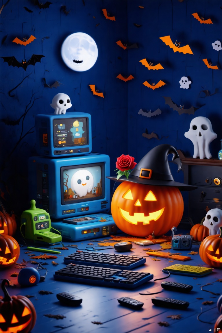 a Halloween scene features a scarecrow, adorned with a black hat and a red rose. The scarecrow is positioned in front of a blue computer monitor, adding a touch of warmth to the scene. The scene is set against a backdrop of a dark blue wall adorned with bats and a full moon, creating a striking contrast to the vibrant orange pumpkin. The pumpkin is carved into a jack-o-lantern face, with glowing glowing eyes and a black belt around its waist. Adjacent to the scarecrow's head, a green computer keyboard, a black remote control, and several other Halloween toys, adding depth to the composition.