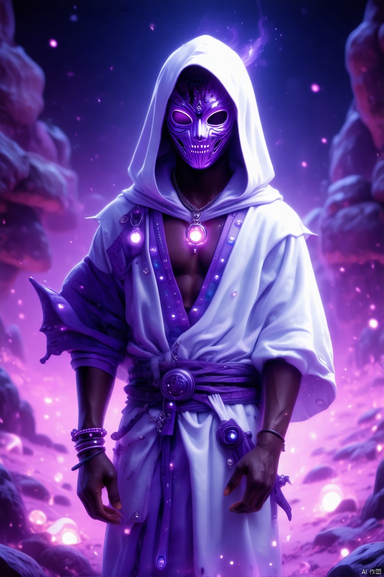 Solo, Girl, Jewelry, full body, Male Focus, hood, Necklace, bracelet, Mask, Glow, hood, robe, black skin, white robe