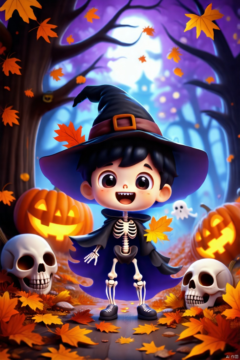 solo, looking at viewer, smile, open mouth, black hair, 1boy, hat, male focus, chibi, tree, witch hat, leaf, child, halloween, skull, jack-o'-lantern, autumn leaves, pumpkin, skeleton