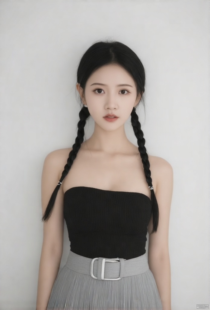 Asian Woman, which is a high-resolution photograph featuring a young Asian woman standing against a plain, white wall. She has a delicate, fair complexion and long, straight dark brown hair styled into two braids, one on each side of her face. Her braids are tied with thin, black elastic bands. She wears a strapless, black, ribbed top that accentuates her slender frame and small breasts. The top is sleeveless and features a low neckline, revealing her collarbone. She also wears a high-waisted, light gray skirt with a wide, white belt at the waist, adding a touch of contrast to her outfit. The skirt is pleated, giving it a voluminous and slightly textured appearance. She has a neutral expression on her face, with her lips slightly parted and her eyes looking directly at the camera. The overall aesthetic of the photograph is minimalistic, with a focus on the subject's attire and appearance.