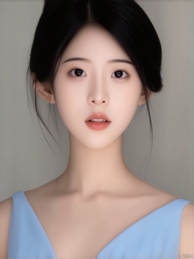 A close-up shot of a young Asian woman with black hair and black eyes. She is wearing a light blue sleeveless dress.Her lips are light pink. Her eyes are black