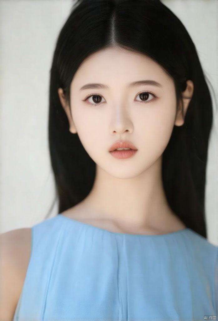 A close-up shot of a young Asian woman with black hair and black eyes. She is wearing a light blue sleeveless dress.Her lips are light pink. Her eyes are black