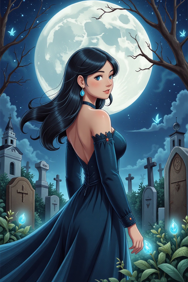 Moonlit Cryptscape: A young gothic beauty,  her raven tresses wildly framing her heart-shaped face,  stands resolute amids...