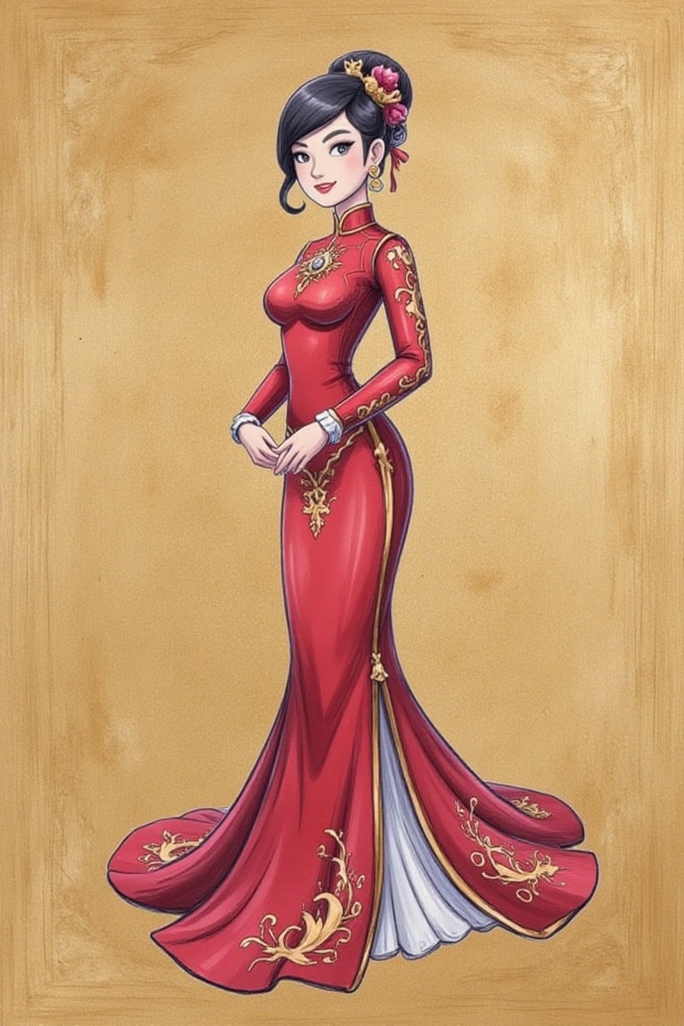 A majestic rendering in Victorian Style Illustration,  a young woman exudes poise and sophistication as she elegantly pose...