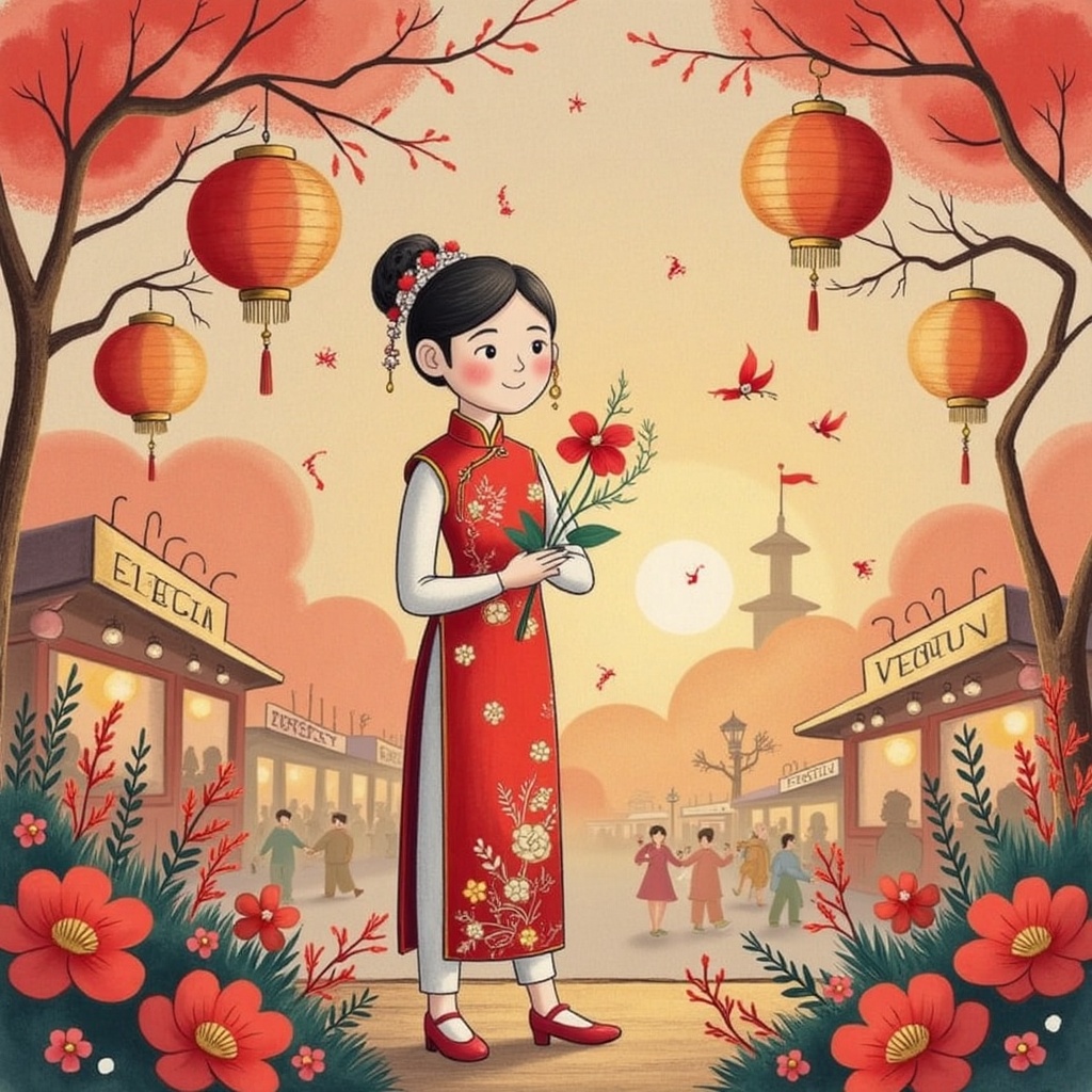 A young girl,  adorned with ornate áo dài and delicate accessories,  poses confidently against a backdrop of intricately d...