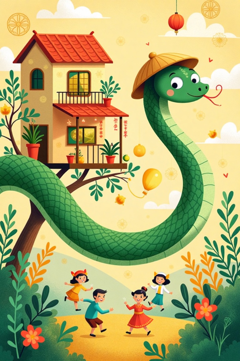 A whimsical illustration depicts a vibrant Vietnamese countryside scene during the Year of the Snake (Ất Tỵ). A playful gr...