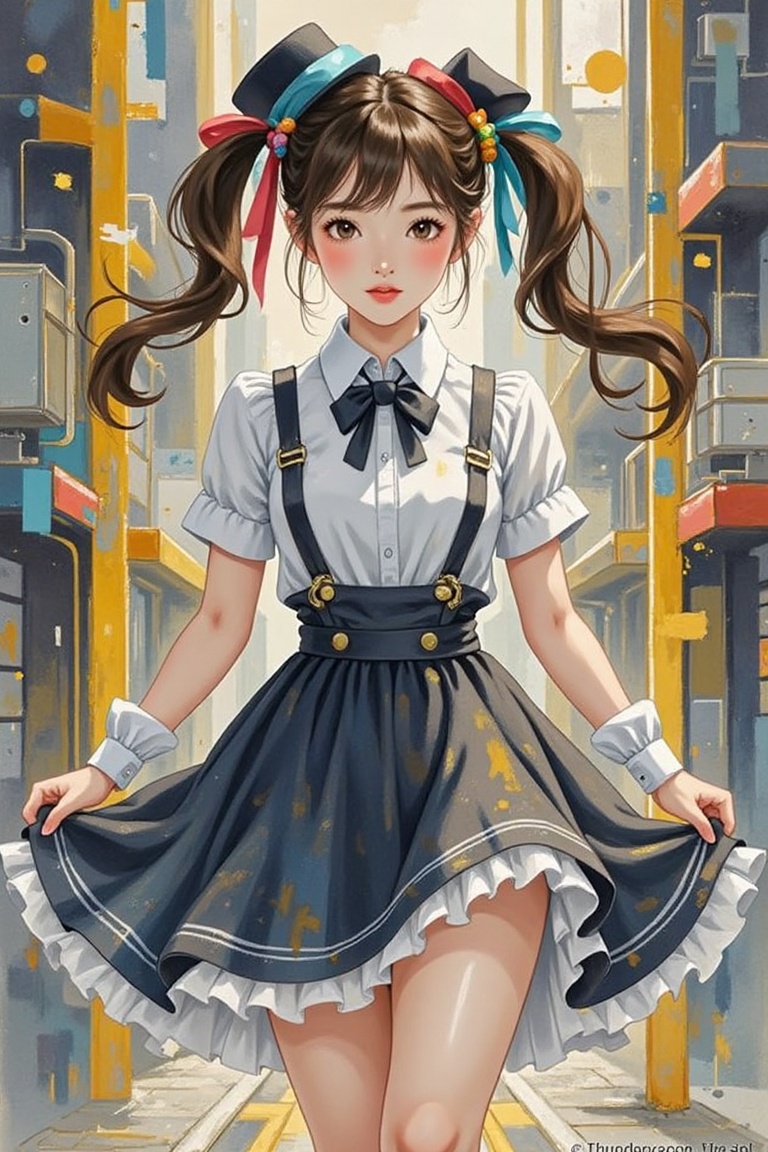 In a gritty cyberpunk metropolis,  a stunning 1girl masterpiece stands out against a simple,  high-contrast background. He...