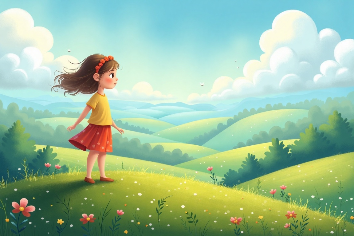 The girl kid stood on the top of the hill,  looking towards the vast horizon,  the wind blowing her hair on Tensor.Art