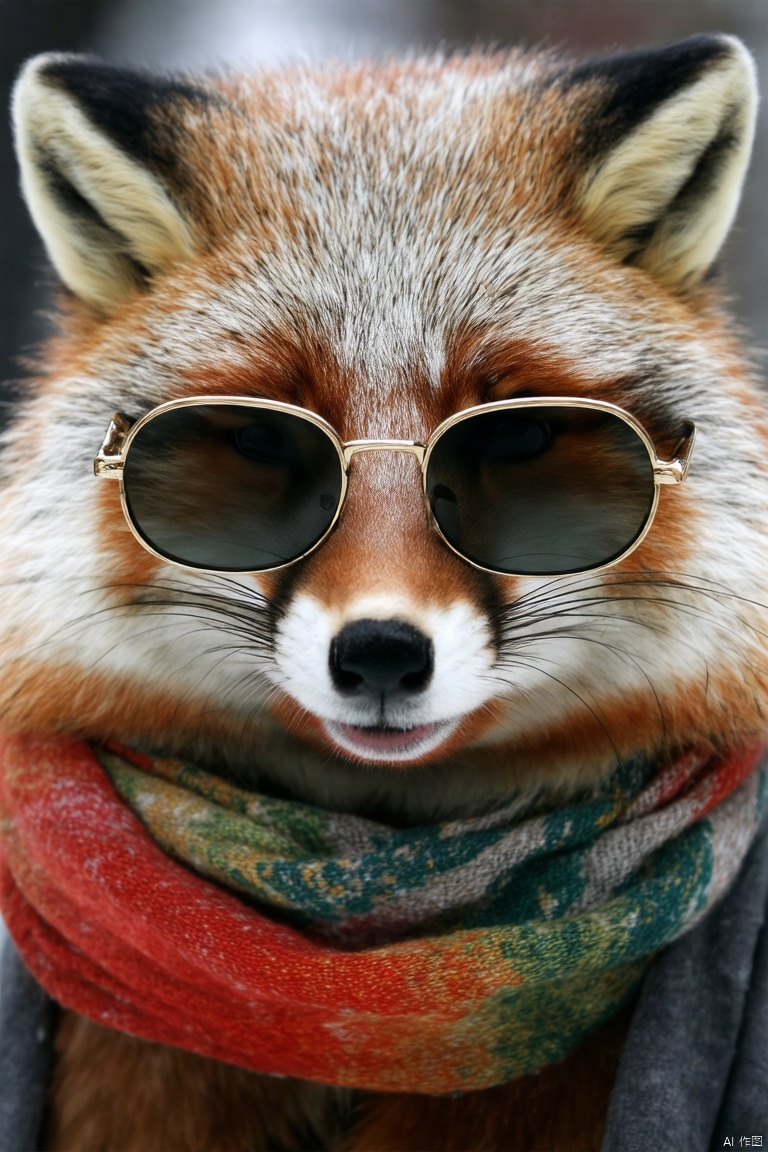 A close-up shot of a random animal wearing stylish sunglasses and a colorful scarf,  its fur/skin smooth under the gentle,...