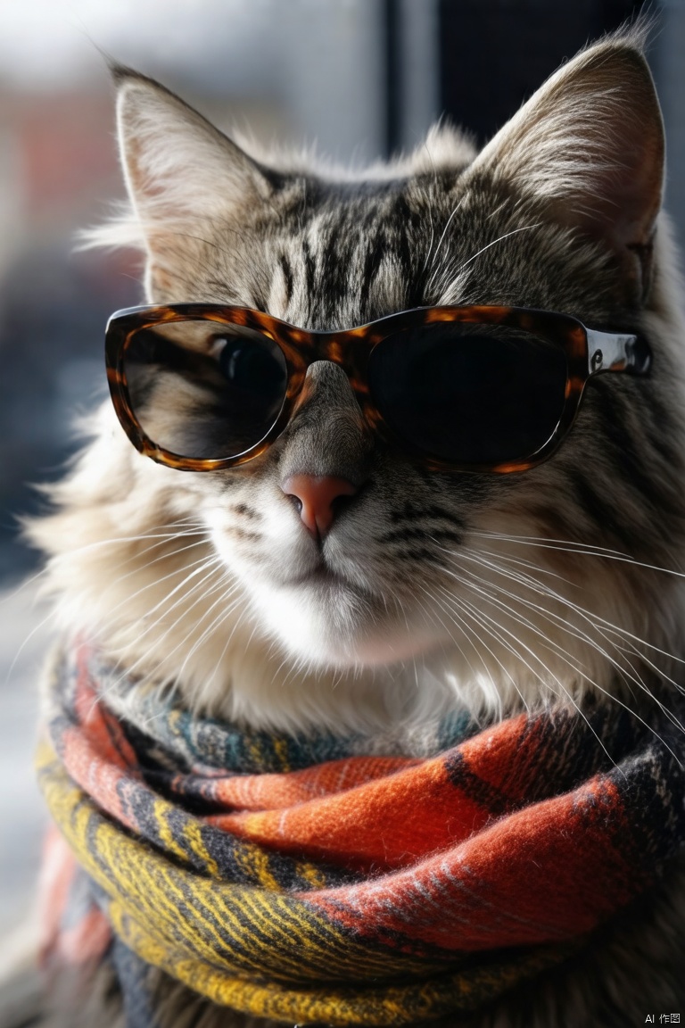 A close-up shot of a cat wearing stylish sunglasses and a colorful scarf,  its fur soft and fluffy under the gentle,  diff...