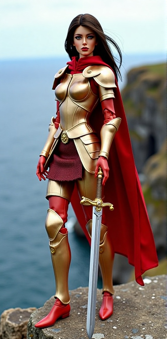 Create an image of a fearless female warrior,  set on a rugged cliff overlooking a vast ocean. Her armor is a mix of metal...