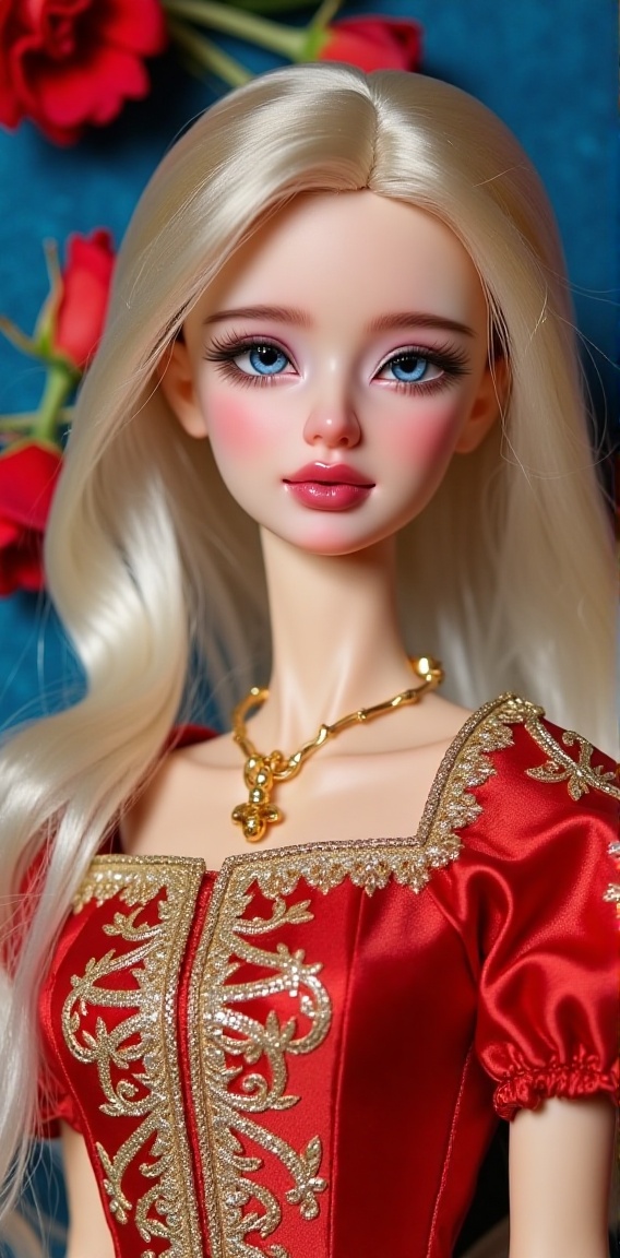 a close-up of a barbie doll with long blonde hair and blue eyes. The doll is dressed in a vibrant red dress adorned with g...