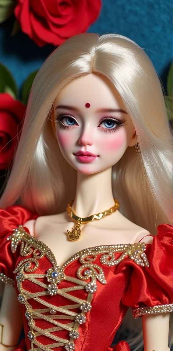 a close-up of a barbie doll with long blonde hair and blue eyes. The doll is dressed in a vibrant red dress adorned with g...