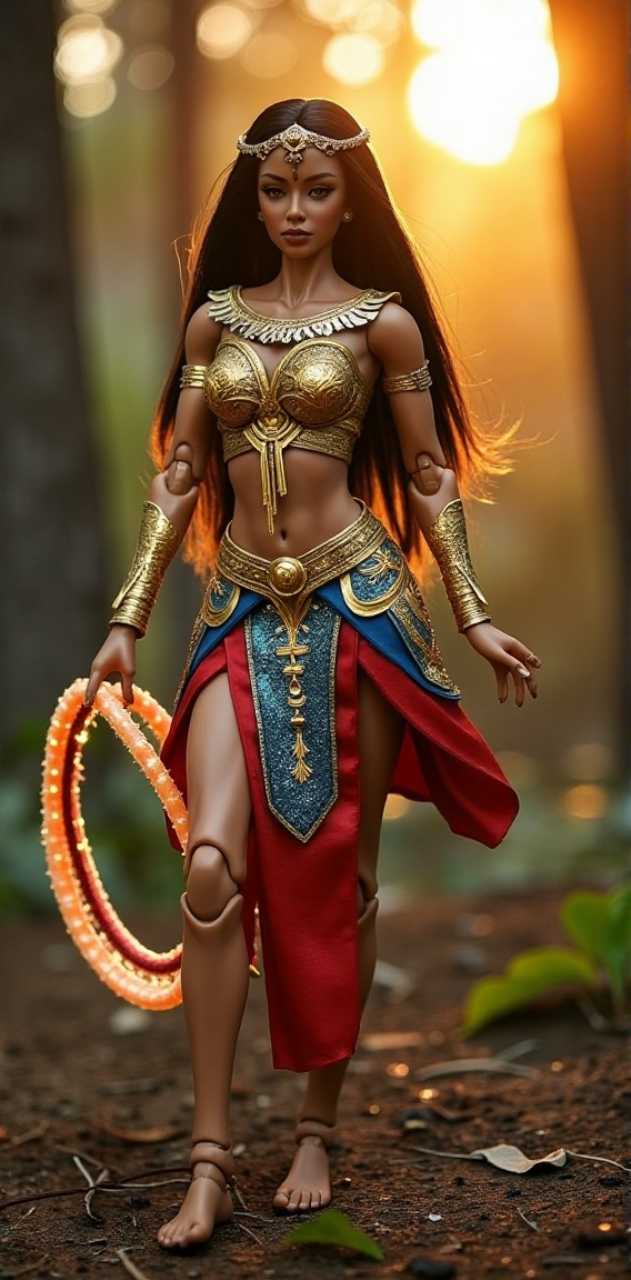 Draw a powerful Amazonian warrior in a forest clearing at sunrise,  wearing golden armor with intricate patterns,  a red a...