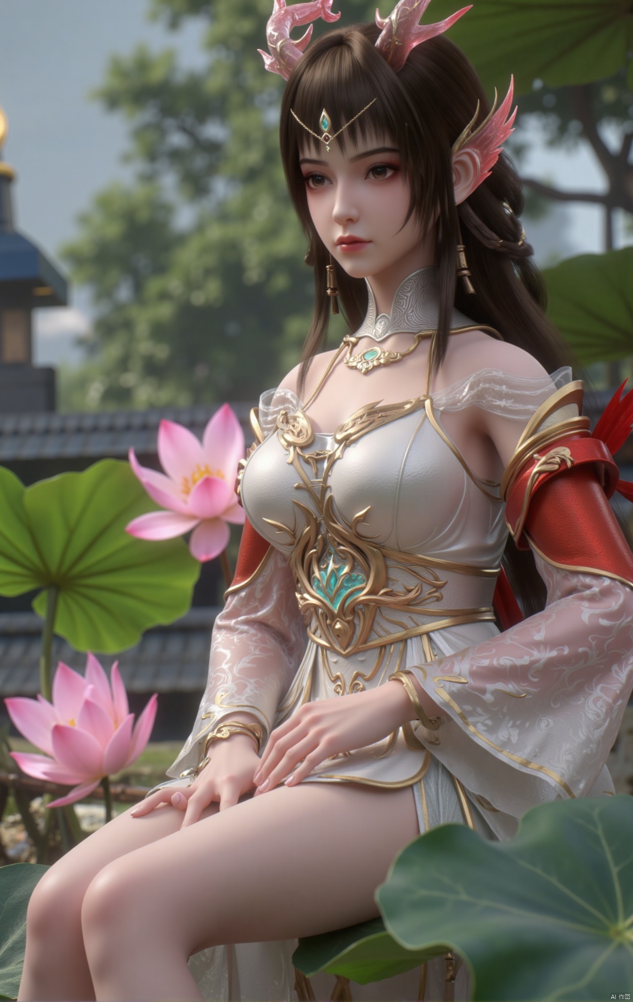  masterpiece,1girl,black hair,(Sitting by the lotus pond in the garden:1.3),(short dress:1.39),black eyes,beautiful face,short sleeves,holding flower,looking at viewer,(huge breasts:2.79),(full breasts:1.99),Xzhaoliner,Xyaoxi,Xsulingyun,XyunluoX,Xhenrendadi,Xlannuo,Xlongnv,Xruoshui,XyunluoH,Xyuzimo
