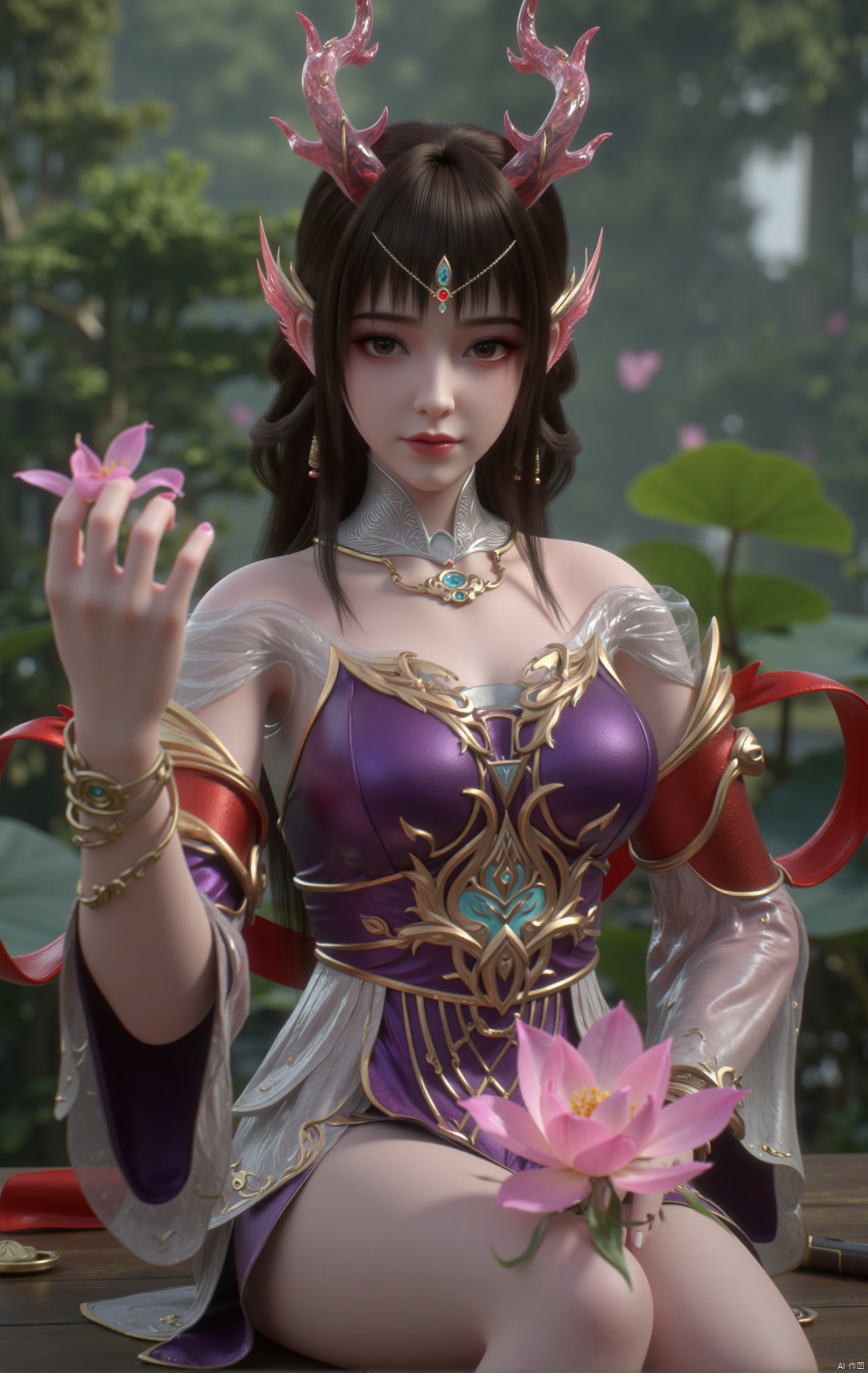  masterpiece,1girl,black hair,(Sitting by the lotus pond in the garden:1.3),(short dress:1.39),black eyes,beautiful face,short sleeves,holding flower,looking at viewer,(huge breasts:2.79),(full breasts:1.99),Xzhaoliner,Xyaoxi,Xsulingyun,XyunluoX,Xhenrendadi,Xlannuo,Xlongnv,Xruoshui,XyunluoH,Xyuzimo