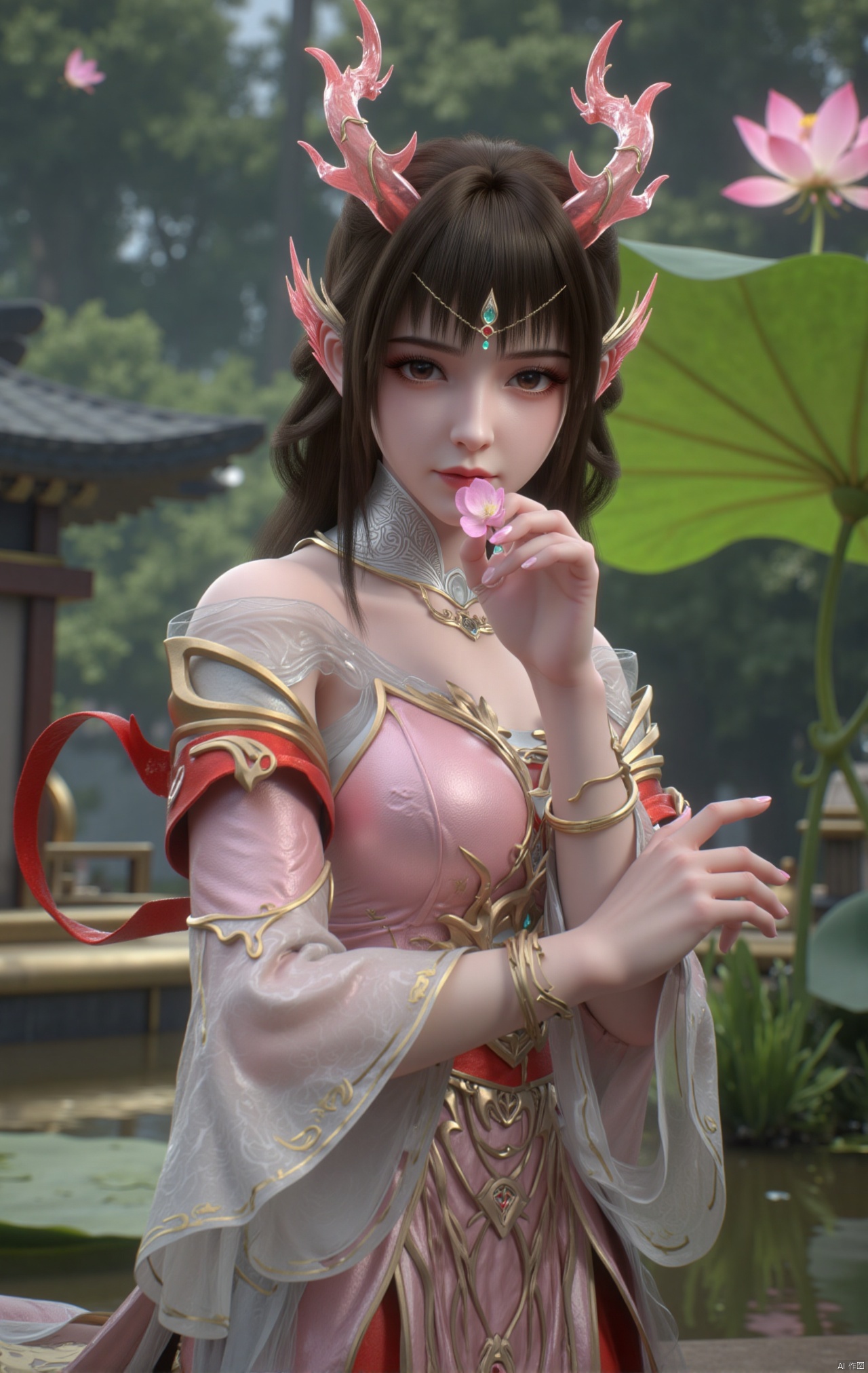  masterpiece,1girl,black hair,(Sitting by the lotus pond in the garden:1.3),(short dress:1.39),black eyes,beautiful face,short sleeves,holding flower,looking at viewer,(huge breasts:2.79),(full breasts:1.99),Xzhaoliner,Xyaoxi,Xsulingyun,XyunluoX,Xhenrendadi,Xlannuo,Xlongnv,Xruoshui,XyunluoH,Xyuzimo