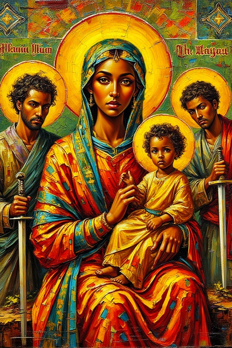 "An Ethiopian Christian religious painting in traditional iconographic style,  featuring the Virgin Mary holding the Chris...