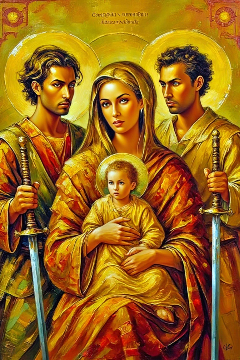 "An Ethiopian Christian religious painting in traditional iconographic style,  featuring the Virgin Mary holding the Chris...