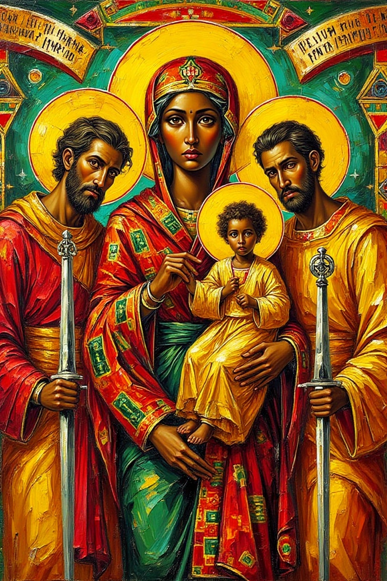 "An Ethiopian Christian religious painting in traditional iconographic style,  featuring the Virgin Mary holding the Chris...