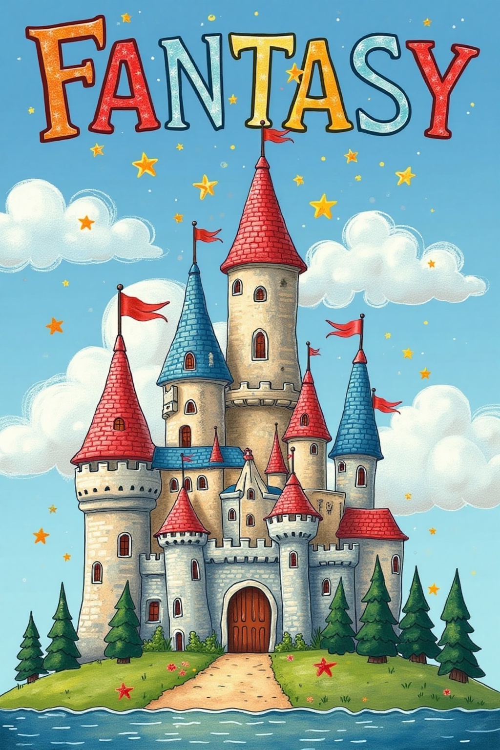 k1dsp0ster, kids poster of a castle with word FANTASY,in the style of t0k