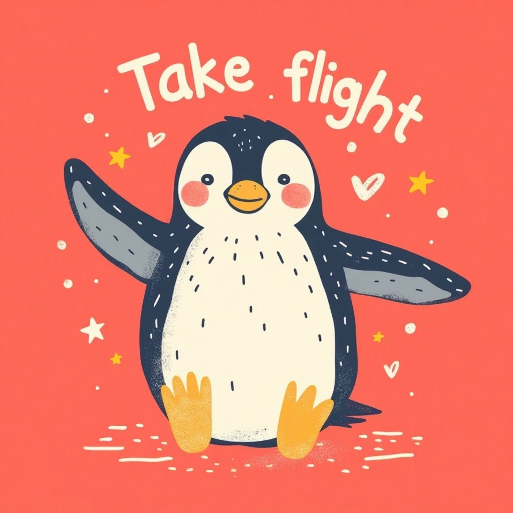 k1dsp0ster, kids poster of the Penguin  with word "Take flight". light red background. in the style of t0k