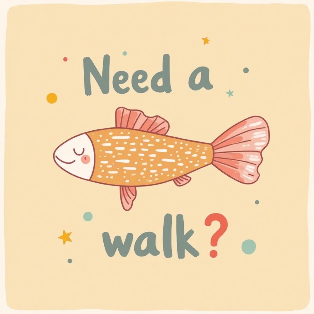 k1dsp0ster, kids poster of the Fish with word "Need a walk?". light brown background. in the style of t0k