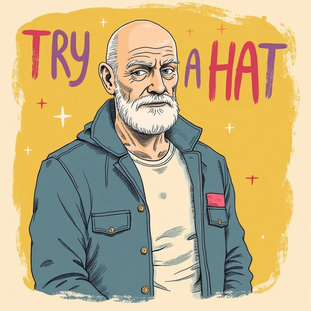 k1dsp0ster,  kids poster of the bald middle aged man with word "try a hat". Choose random 1 color background. in the style...