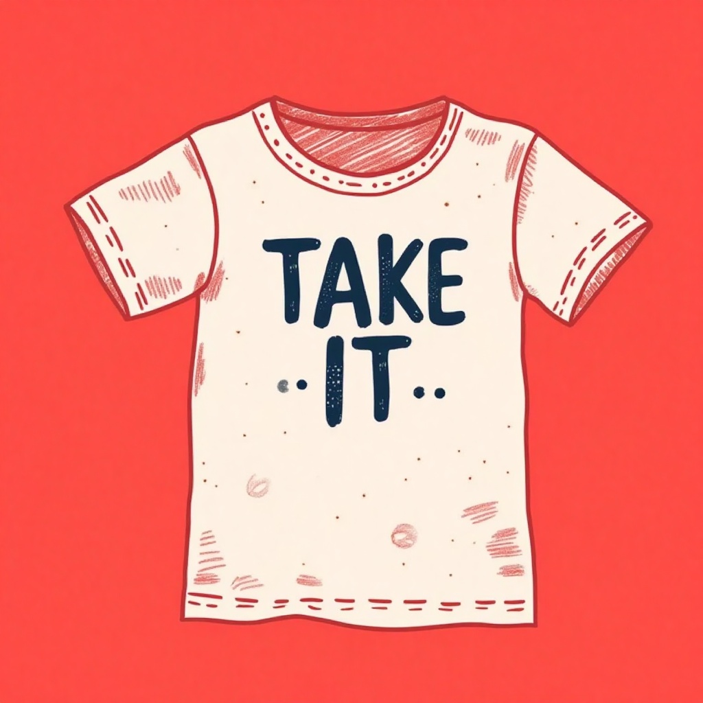 k1dsp0ster, kids poster of the t shirt with word "TAKE IT ". light red background. in the style of t0k