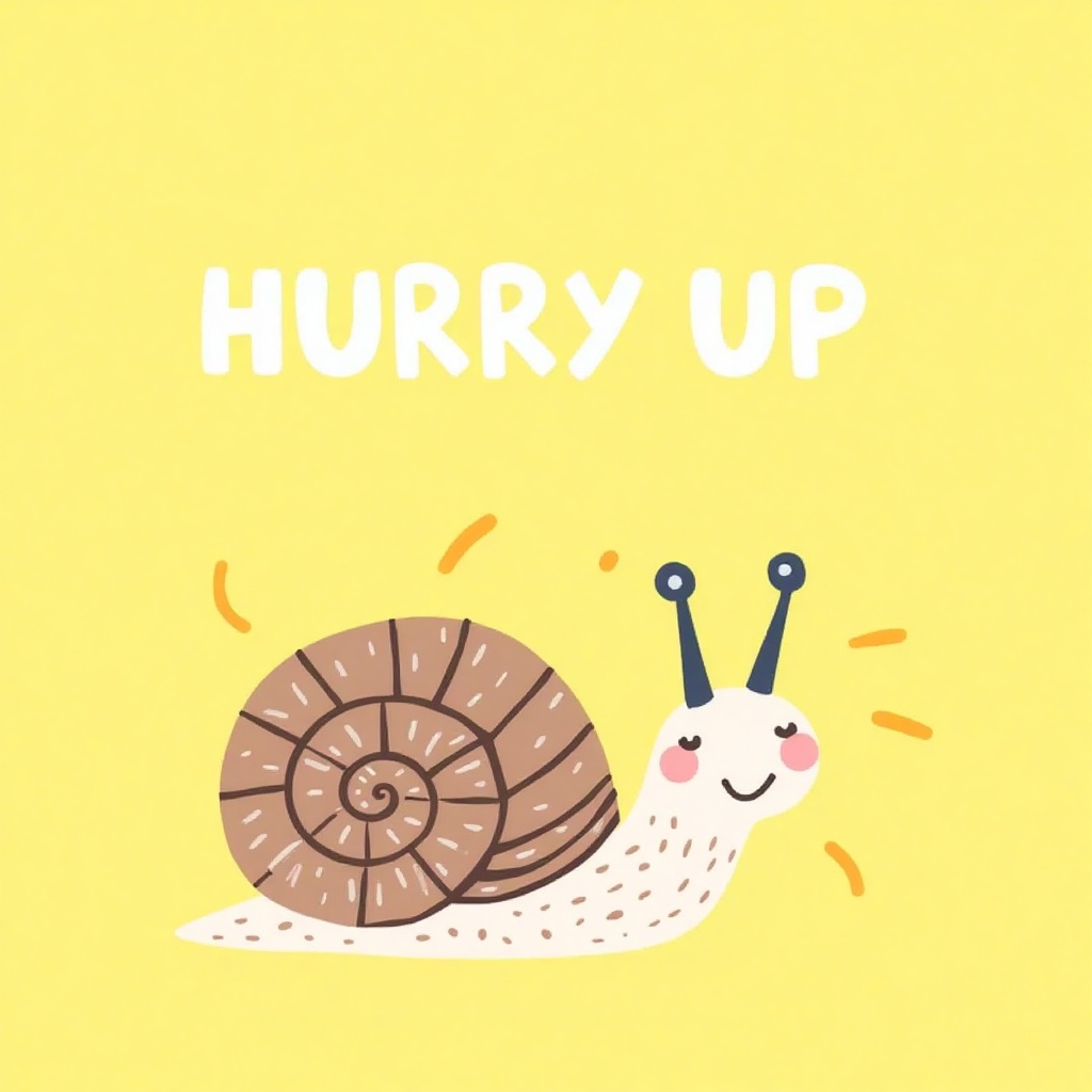 k1dsp0ster, kids poster of the snail with word "hurry up". light yellow background. in the style of t0k