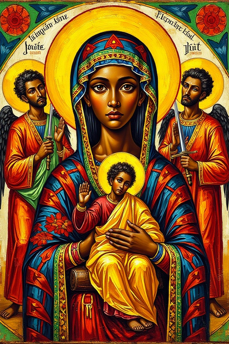 "An Ethiopian Christian religious painting in traditional iconographic style,  featuring the Virgin Mary holding the Chris...