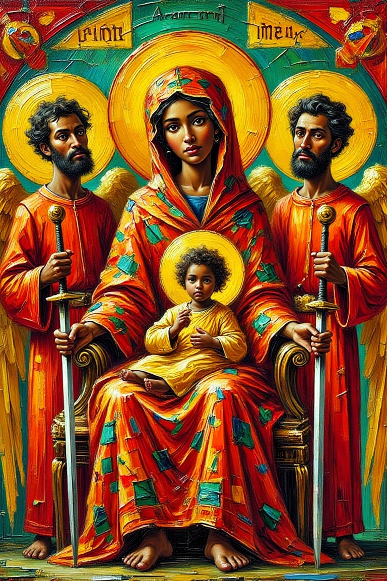 "An Ethiopian Christian religious painting in traditional iconographic style,  featuring the Virgin Mary holding the Chris...