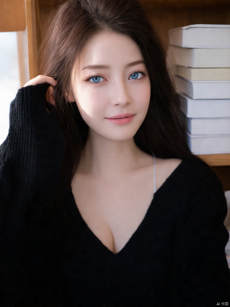 A close-up shot of a Asianwoman with long dark brown hair and blue eyes. She is wearing a black sweater with a white v-neck. Her hair is pulled back and cascades over her shoulders. Her eyes are a piercing blue. Her eyebrows are a light brown color. Her lips are a darker shade of pink. She has a slight smile on her face. Behind her is a stack of white books on a shelf.