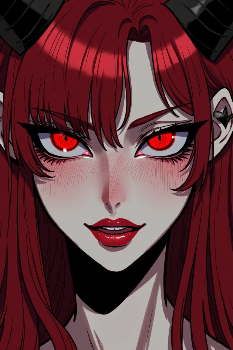 An illustration in ratatatat74 style portrait of a succubus with long red hair and piercing red eyes,  black sclera. Face...